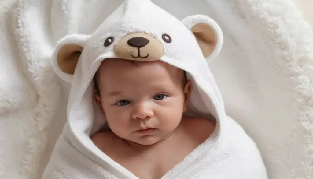 Um recém-nascido adorável, com a pele levemente rosada, enrolado em uma toalha branca com capuz de orelhinhas de urso. O bebê está deitado de costas em um trocador, com uma expressão calma e relaxada.