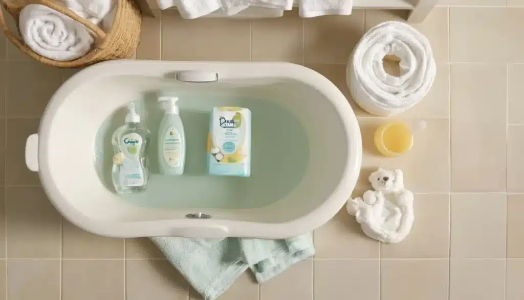 Como Dar Banho em Recém-Nascido: O Guia Passo a Passo Para um Momento Seguro e Relaxante Visão de cima de uma banheira de bebê com água, ao lado de uma toalha macia com capuz, sabonete líquido neutro, algodão e uma fralda limpa, em um ambiente bem iluminado.